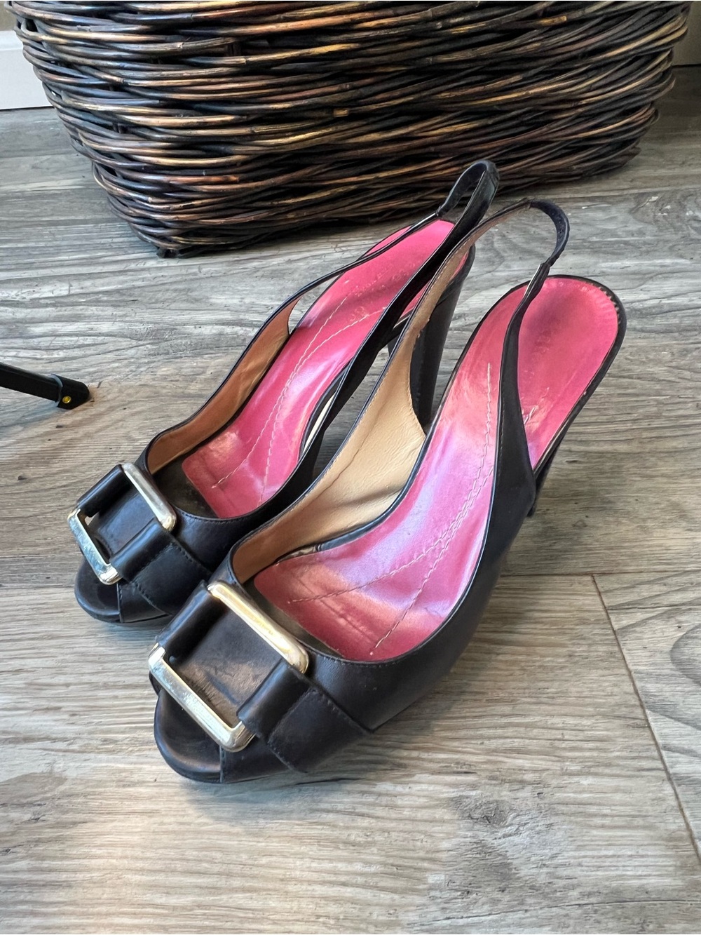 kate spade Black Peep-Toe Slingback Heels with Pink Insole